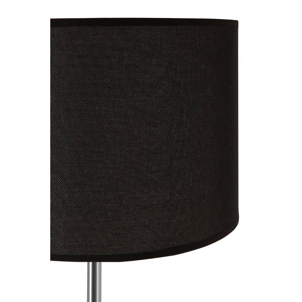 Black fabric lampshade with metal stand, close side view