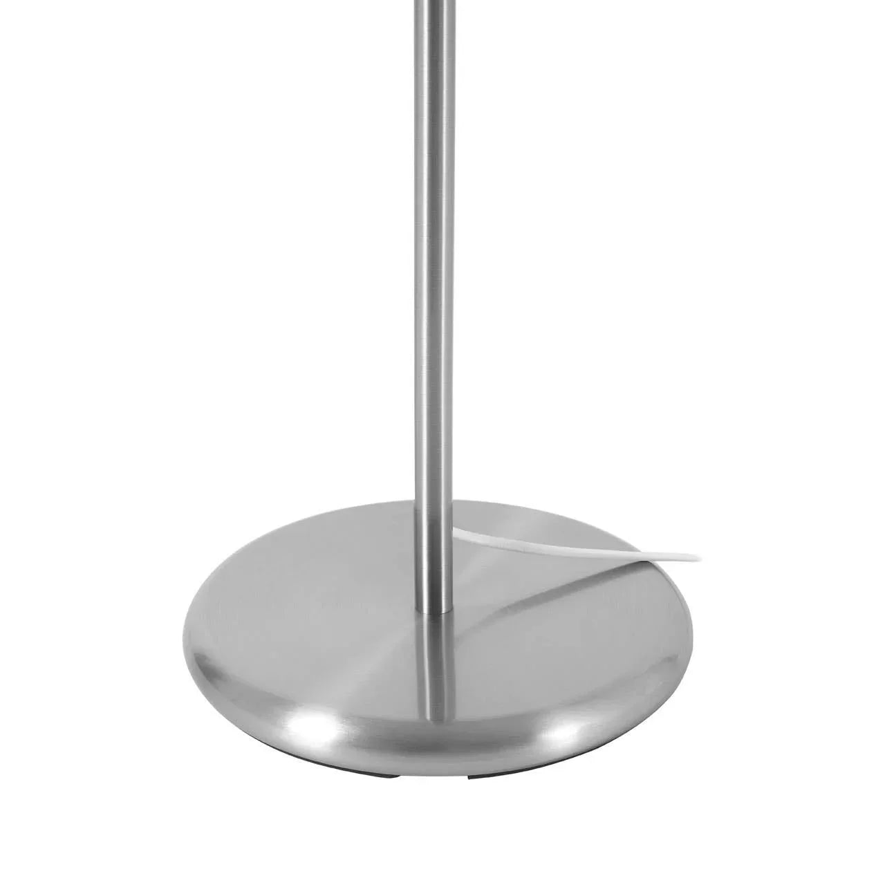 Brushed steel floor lamp base with visible power cord on white background