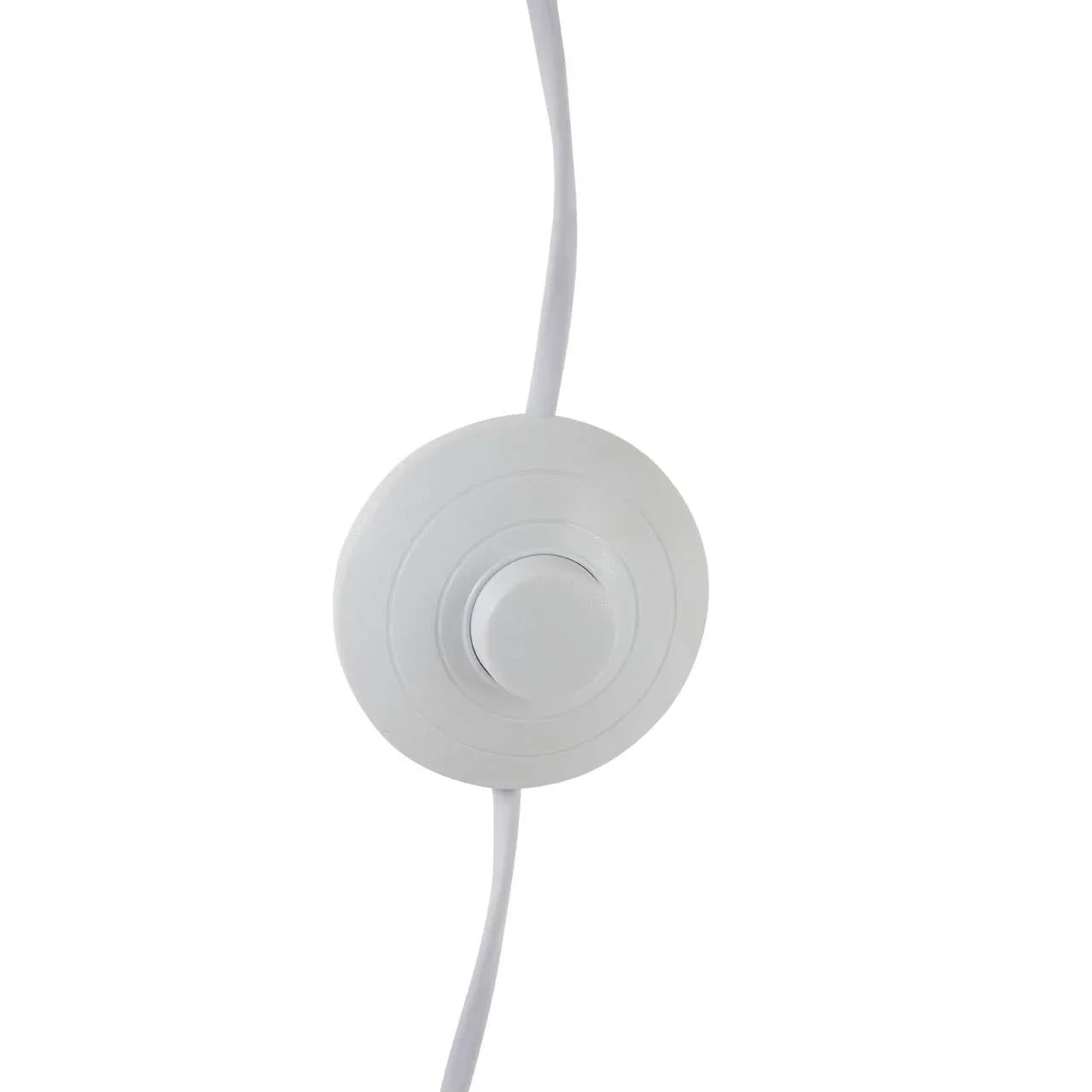 White floor lamp cord with round foot switch on a white background