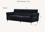 Dark grey boucle three-seat sofa with chrome legs, dimension diagram view
