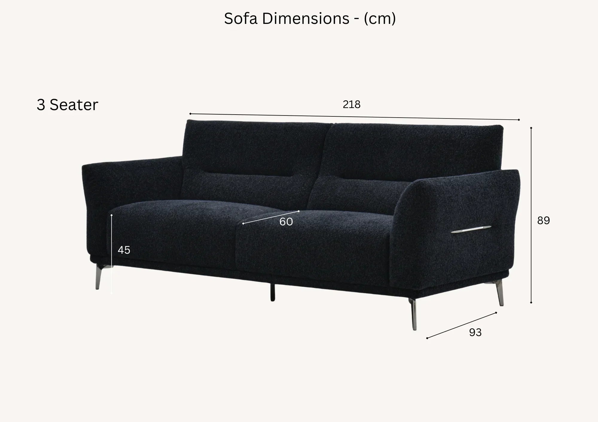Dark fabric 3 seater sofa with metal legs, showing dimensions 218cm wide, 89cm high, 93cm deep