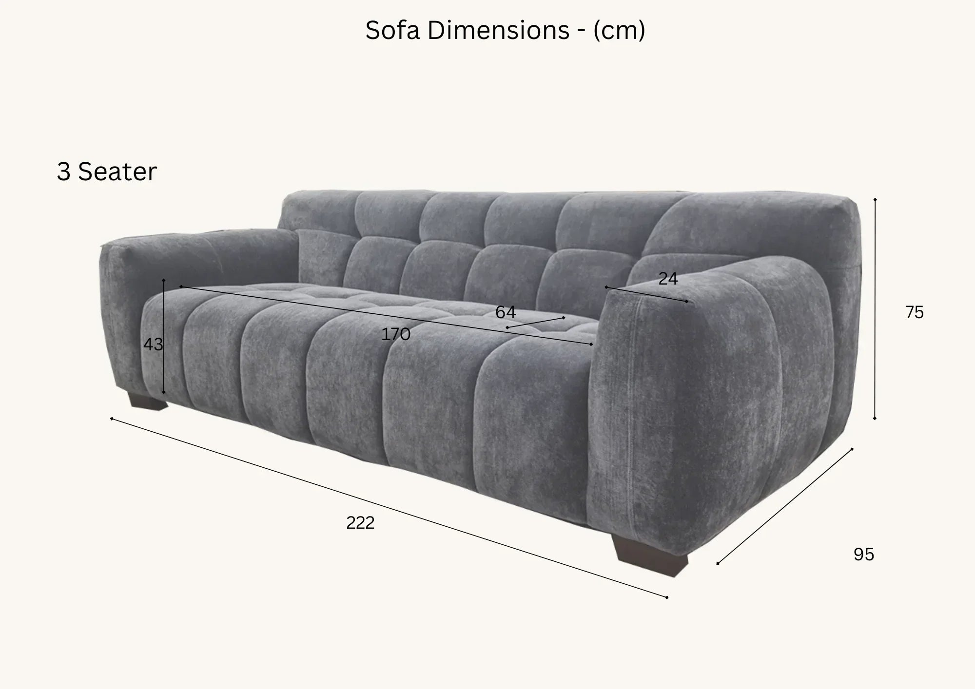 Grey three seater sofa with tufted upholstery, dimensions labeled in centimeters
