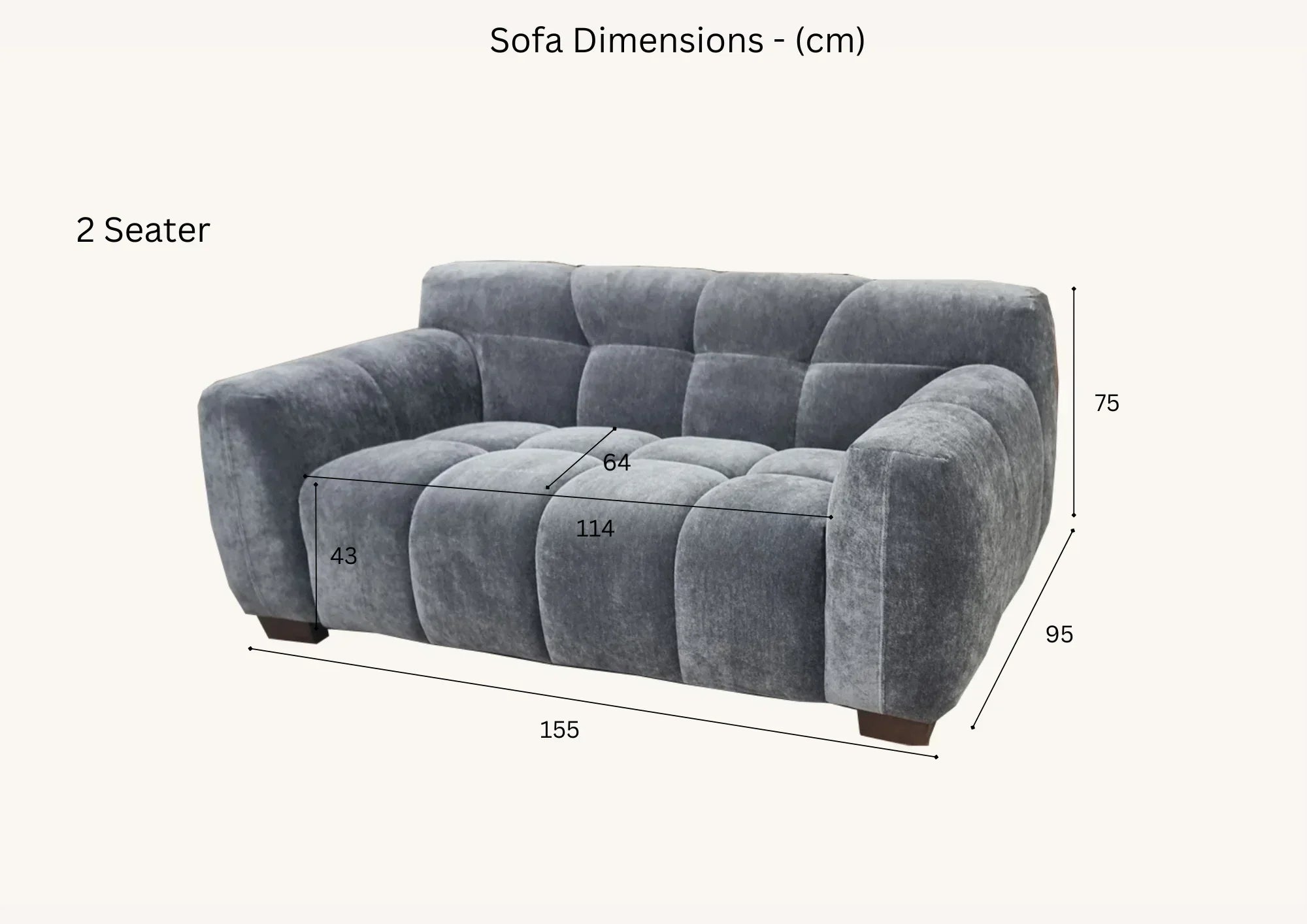 Grey fabric 2 seater sofa with dimensions labeled for seat width, depth, and height