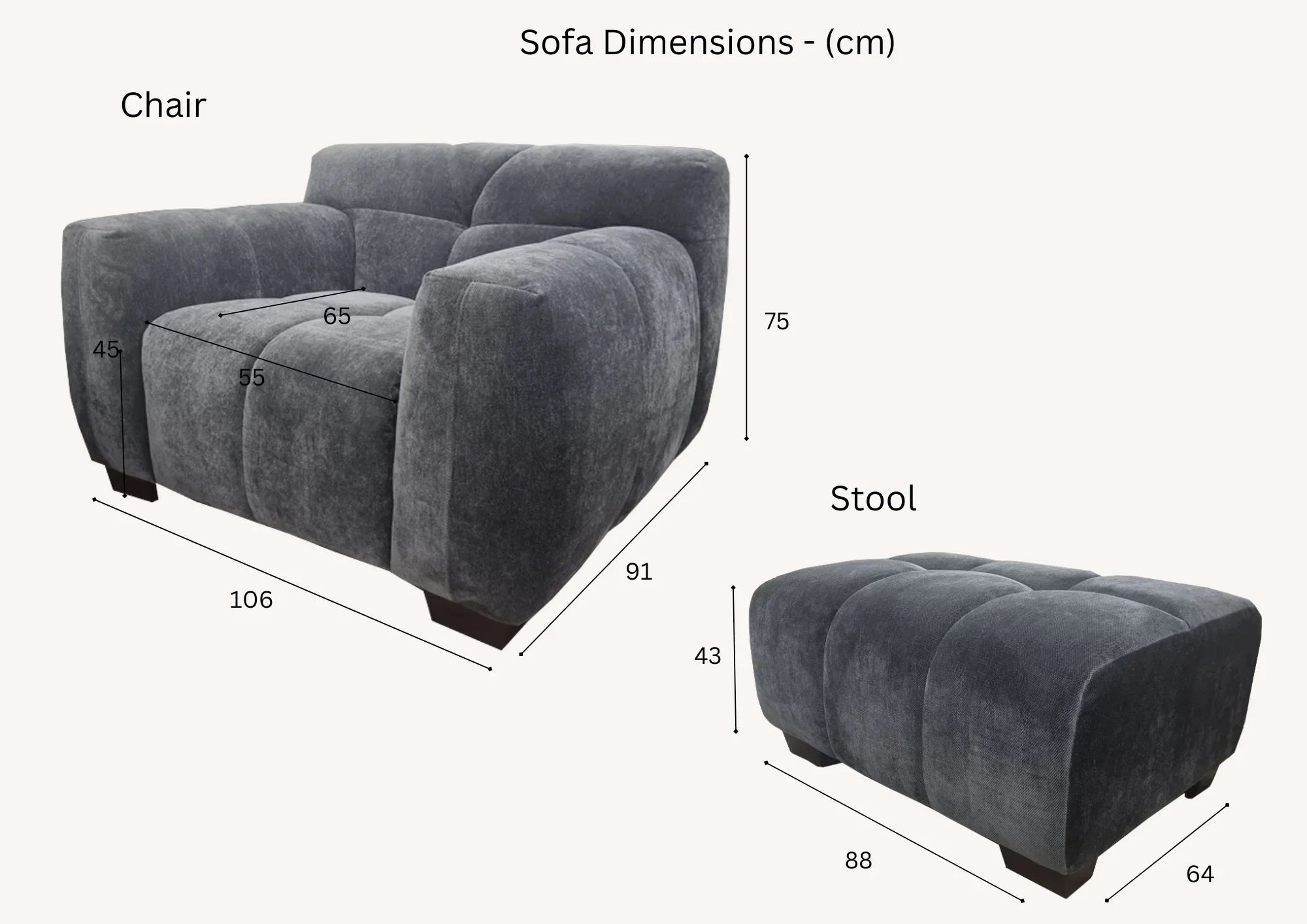 Grey fabric sofa chair and matching stool with dimensions labeled in centimeters