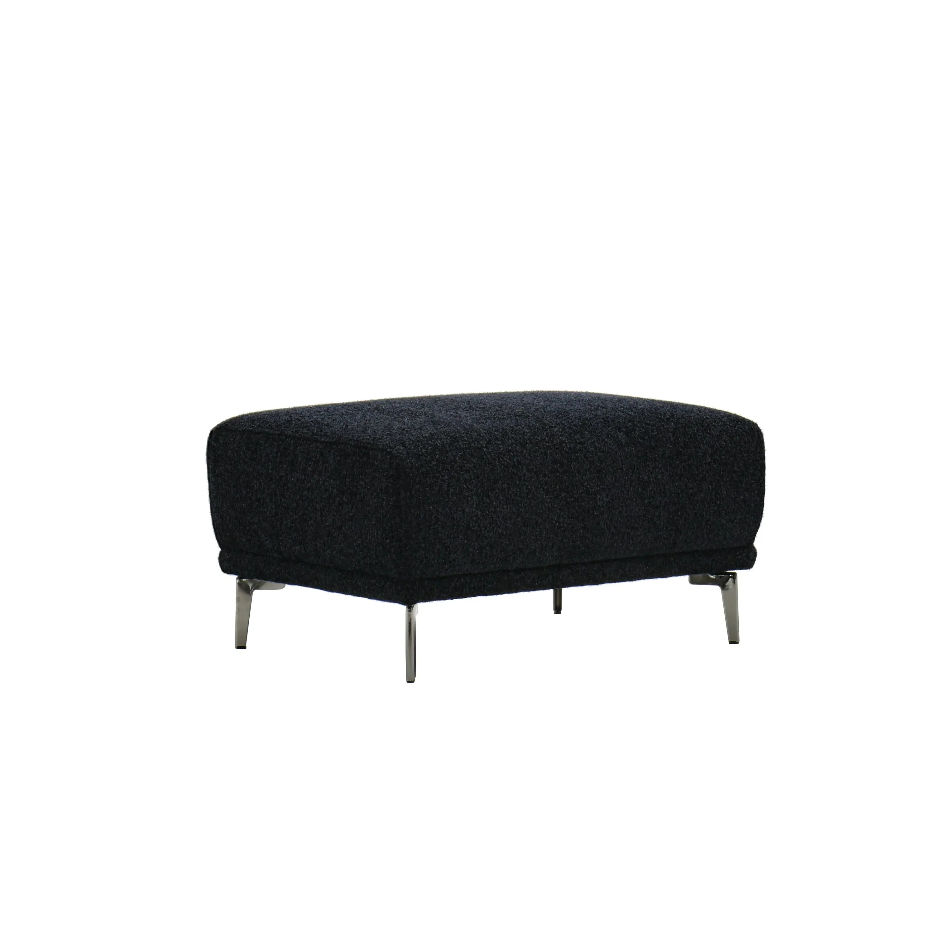Black fabric ottoman with metal legs on white background