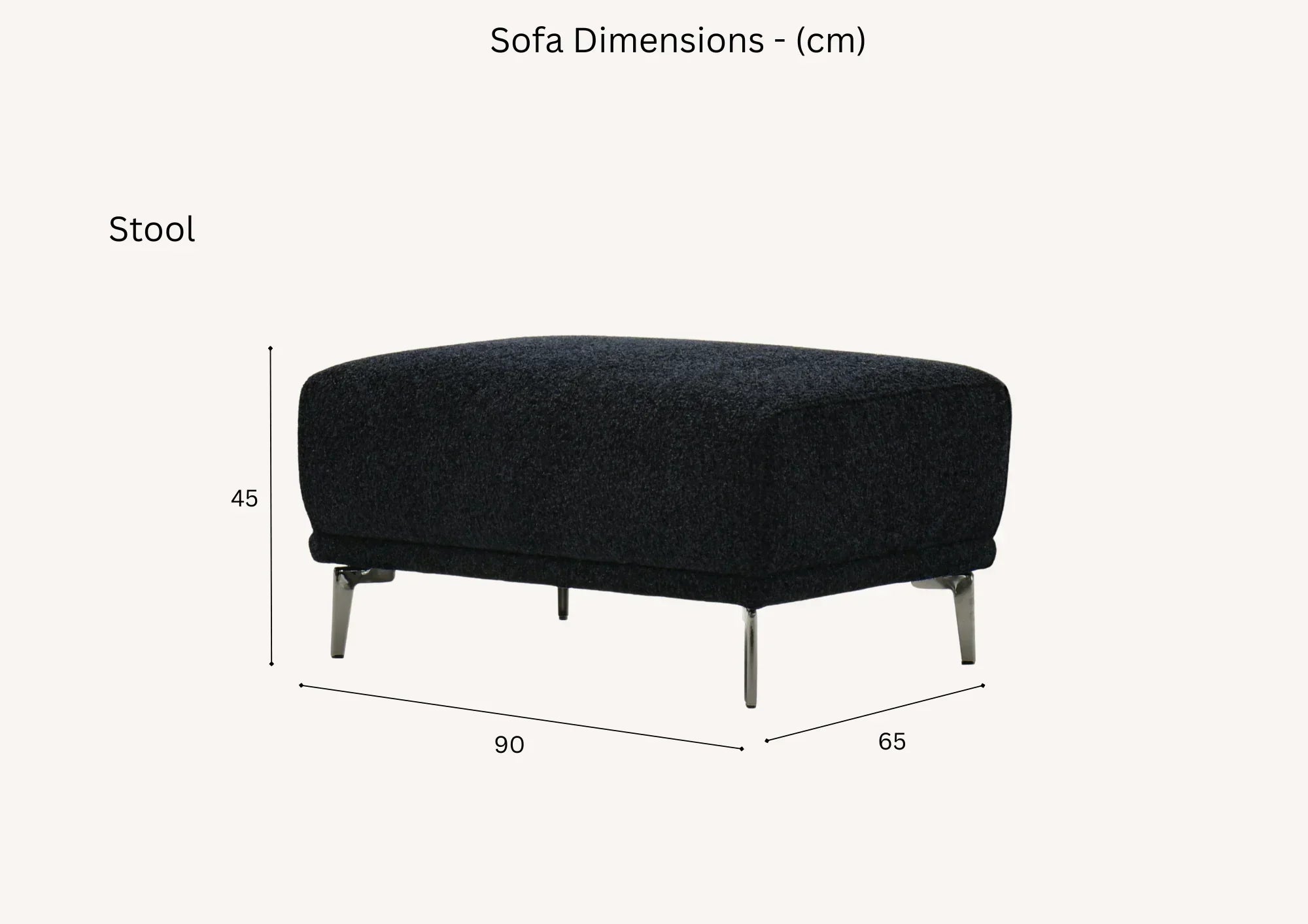 Dark fabric stool with metal legs, shown from side angle, 90x65x45 cm