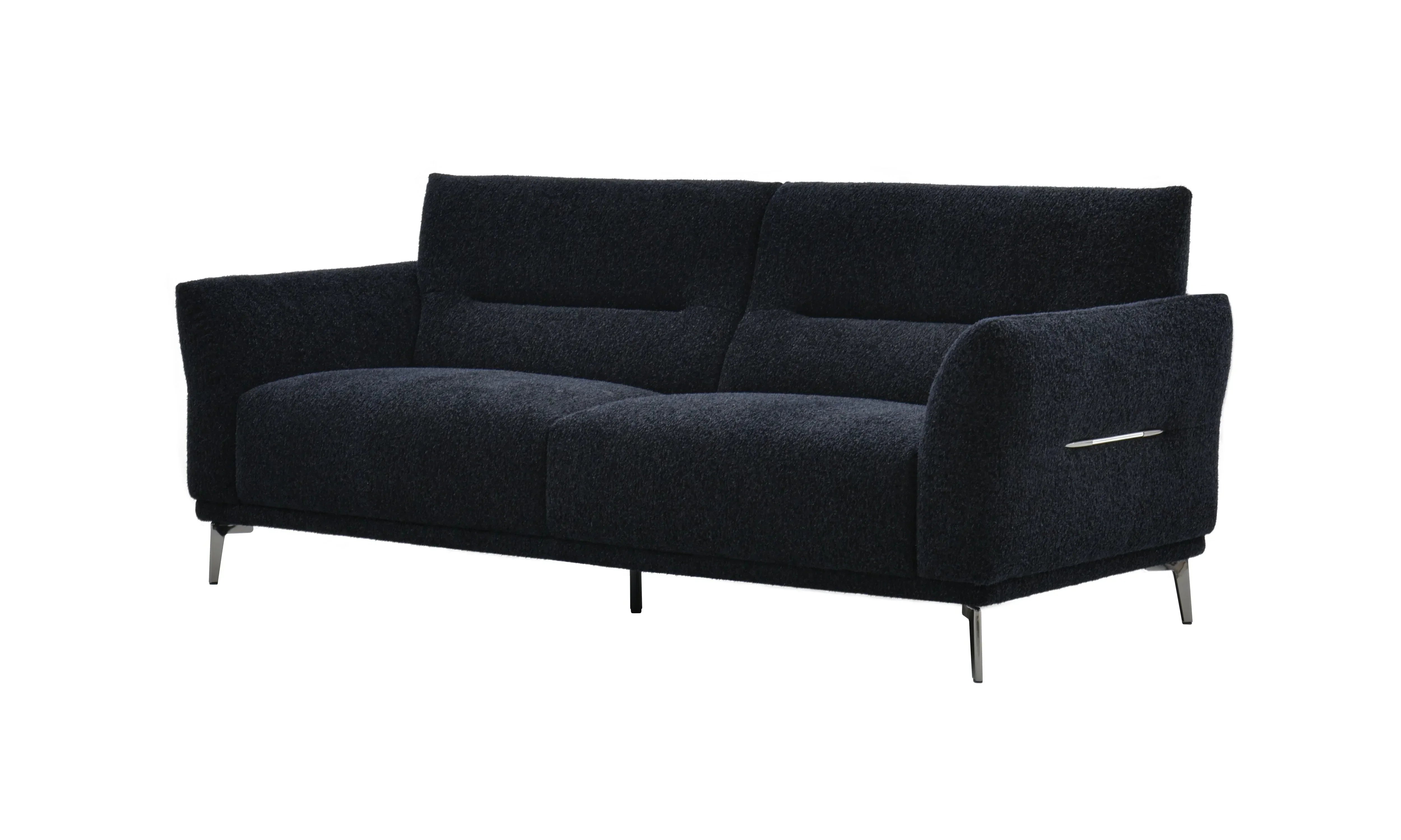 Black fabric sofa with chrome legs and modern armrests, front angle view