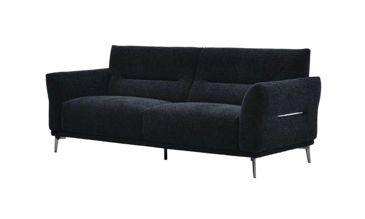 Black fabric sofa with chrome legs and modern armrests, front angle view