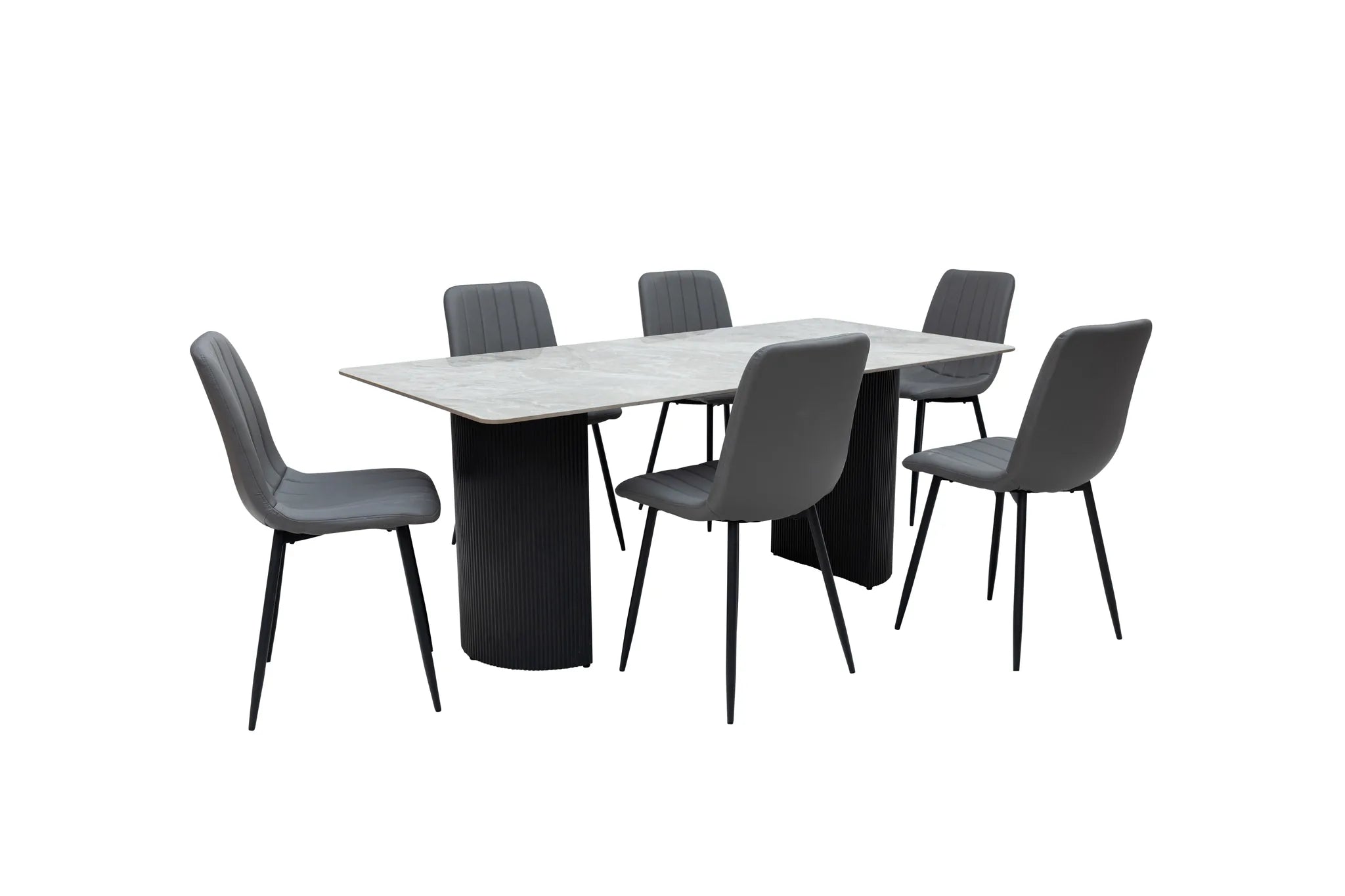 Dining table set with six black chairs on a white background
