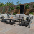 Grey outdoor garden sofa set with armchairs and rectangular coffee table on stone patio