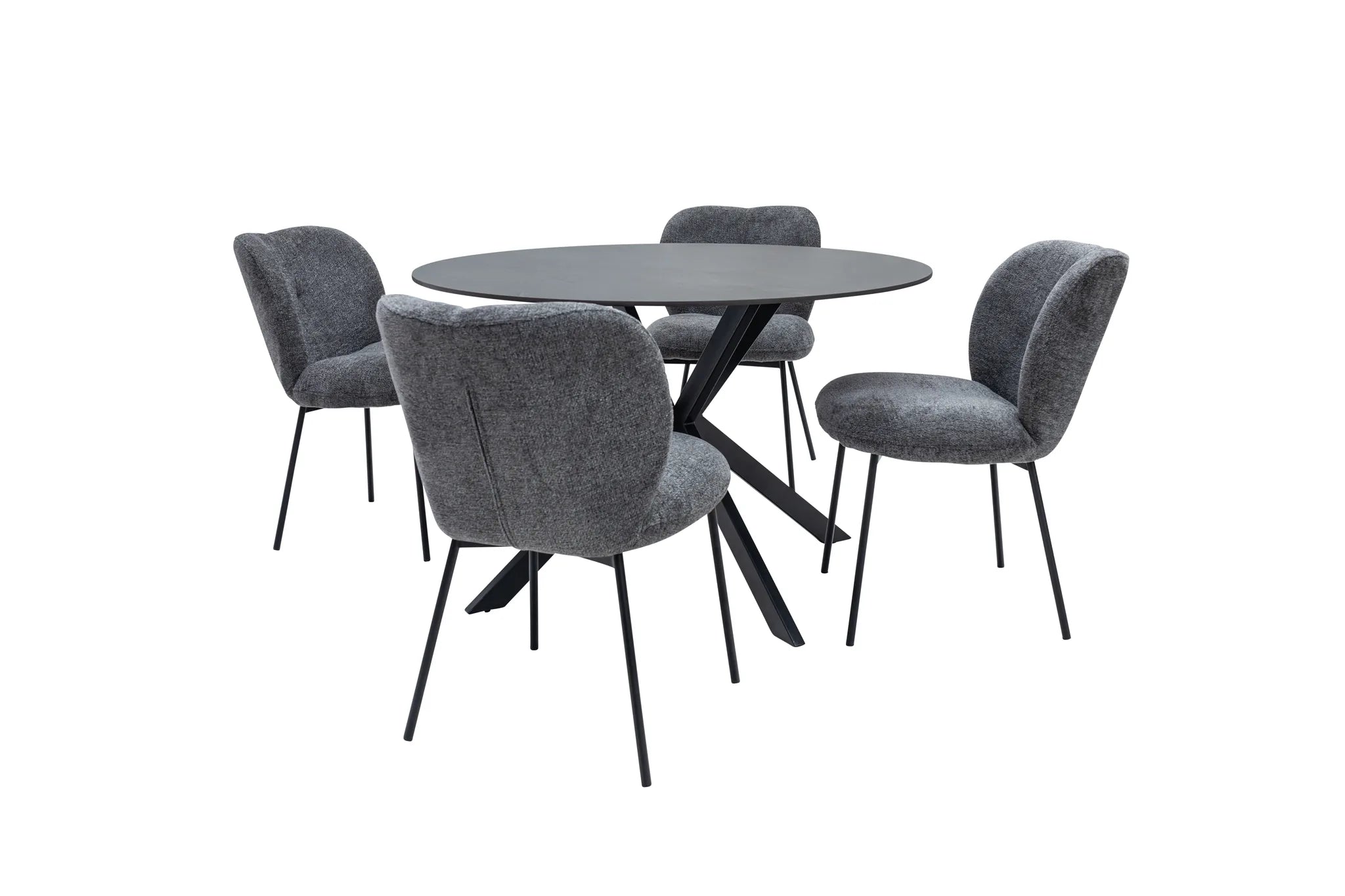 Dining set with a round table and four gray chairs on a white background