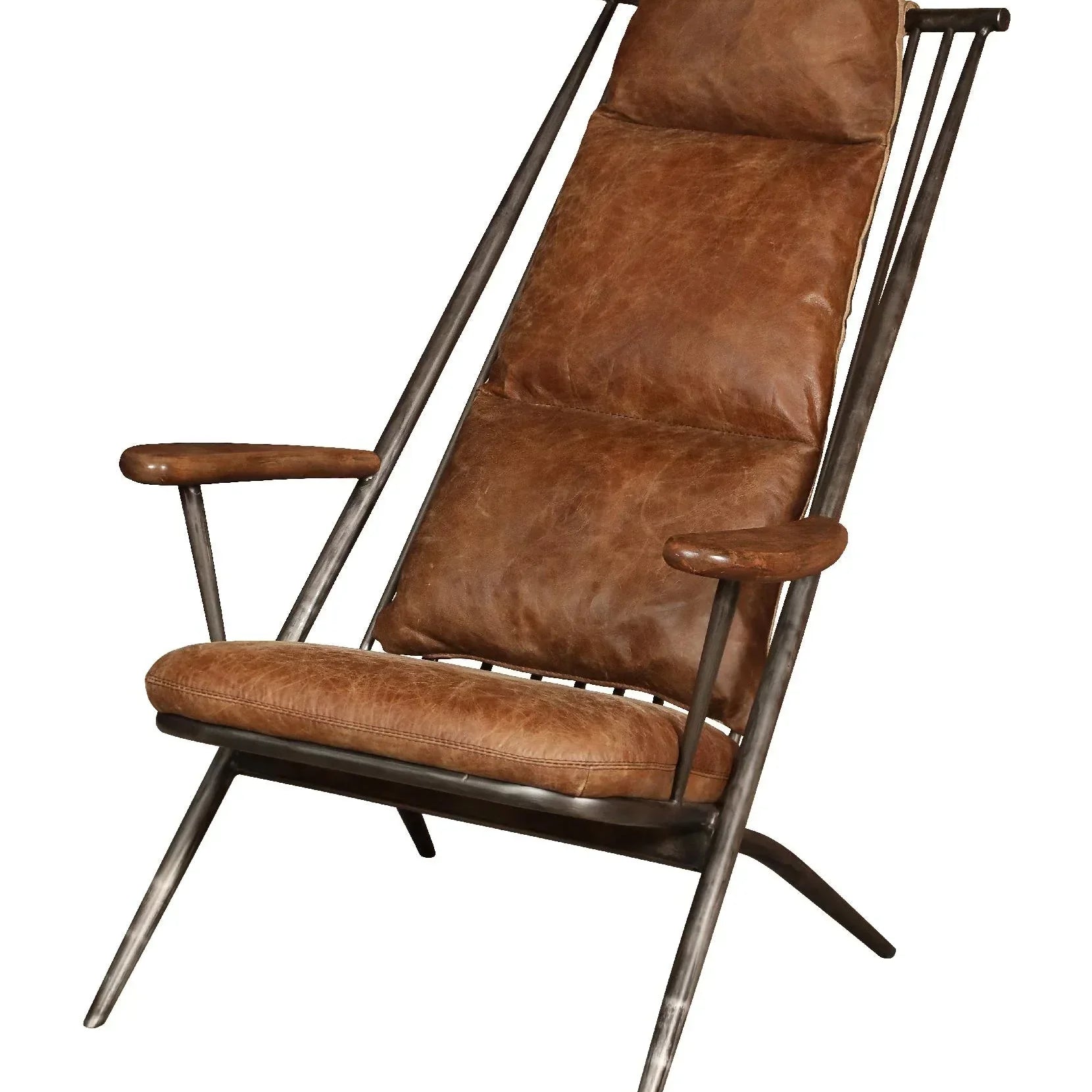Brown leather armchair with padded seat and backrest on a metal frame