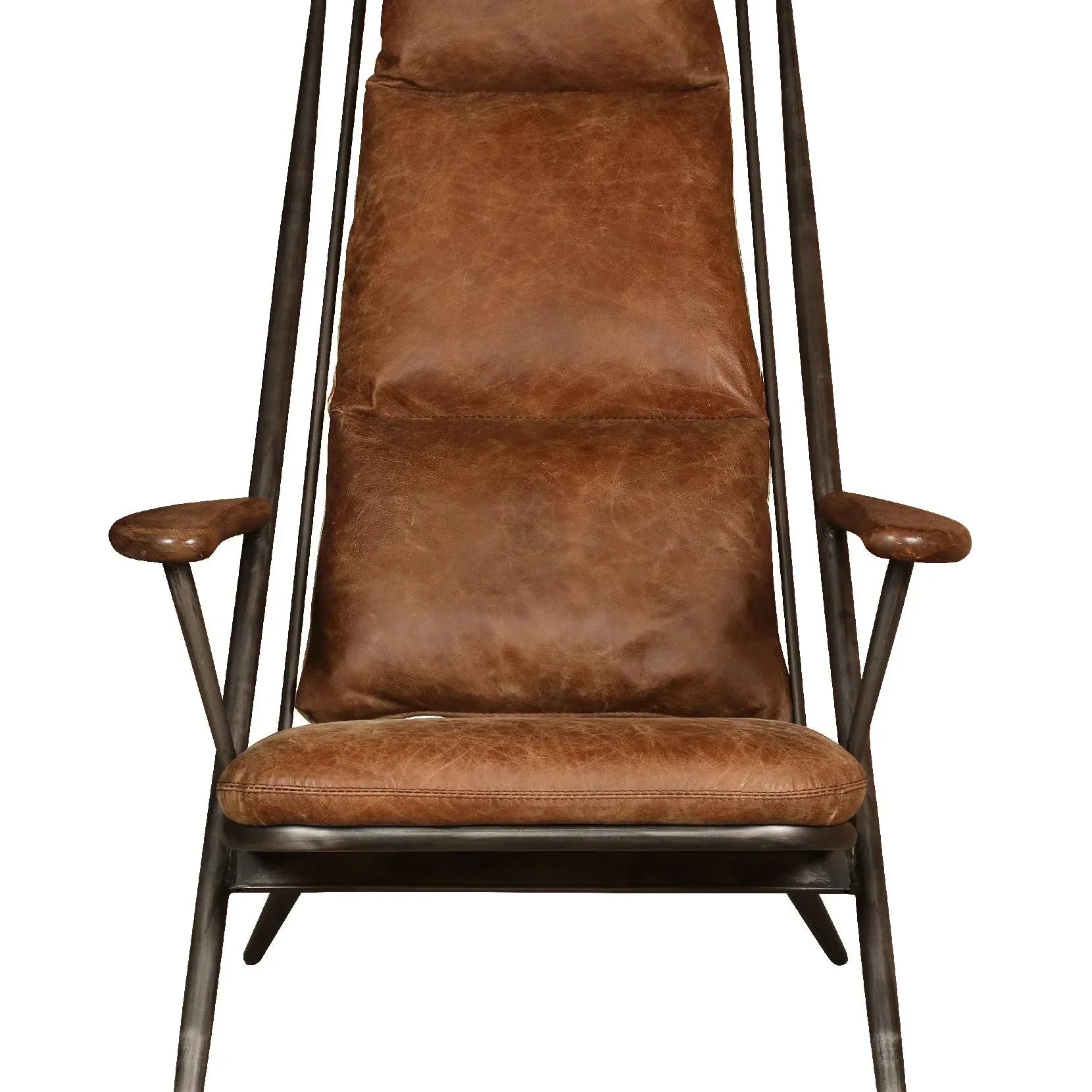 Brown leather accent chair with metal frame and angled armrests, front view