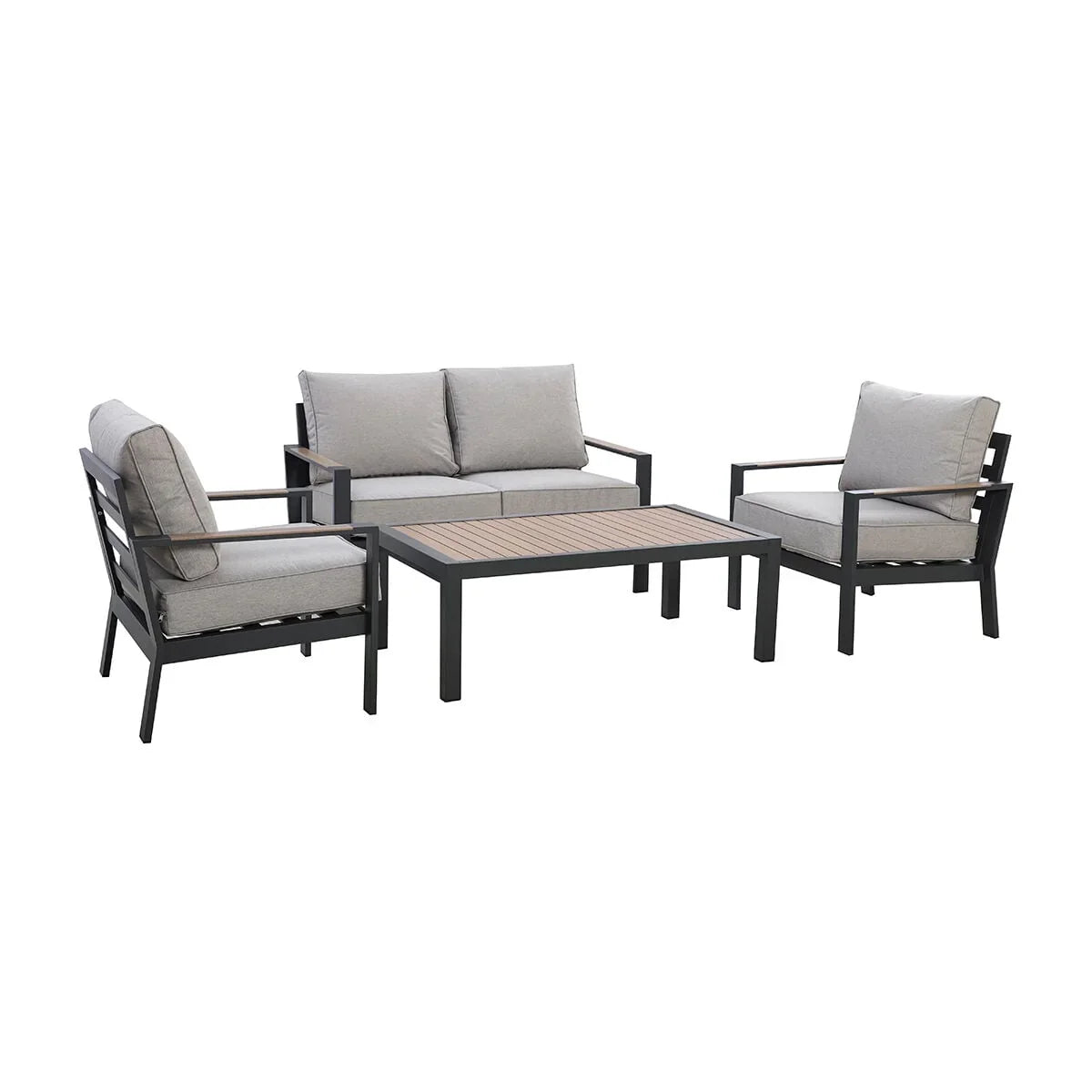 Grey outdoor sofa set with two armchairs and wood slat coffee table, metal frames visible