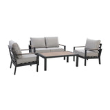 Grey outdoor sofa set with two armchairs and wood slat coffee table, metal frames visible
