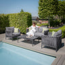 Grey outdoor sofa set with rope detailing beside a pool, woman seated on cushioned seat