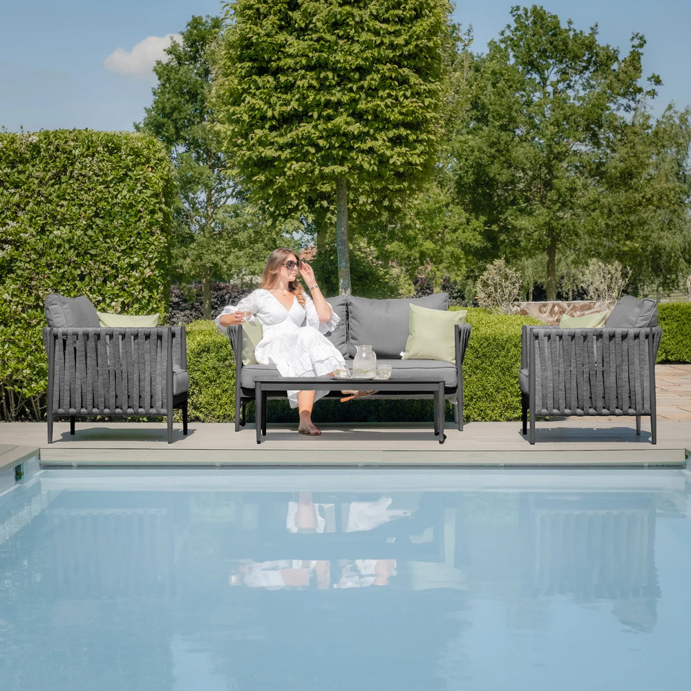 Grey outdoor garden sofa set with coffee table and armchairs beside a pool