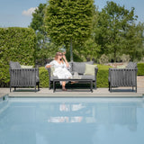 Grey outdoor garden sofa set with coffee table and armchairs beside a pool