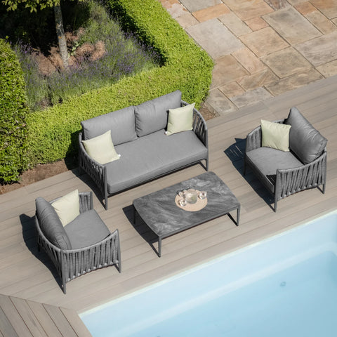 Grey outdoor sofa set with cushions and coffee table beside pool on patio decking