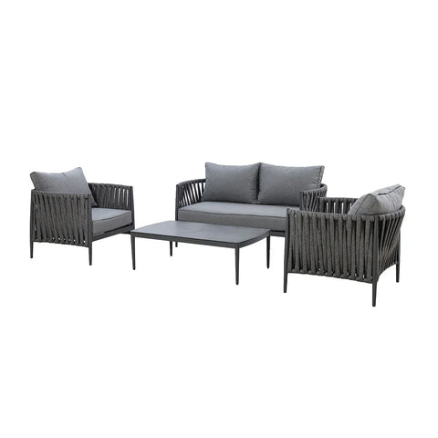 Grey outdoor sofa set with rope design, two armchairs, and rectangular coffee table