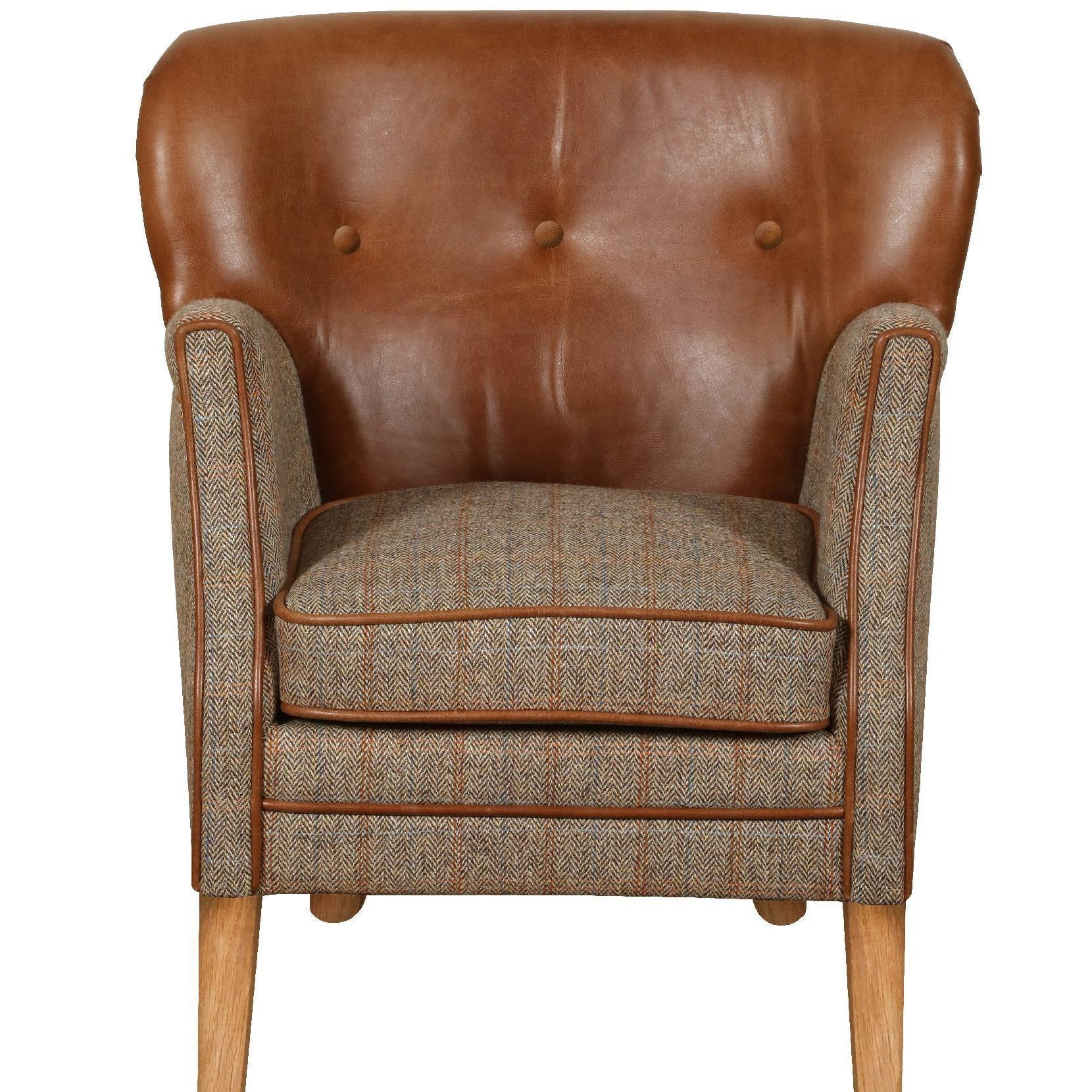 Brown leather and tweed accent chair with wooden legs, front view