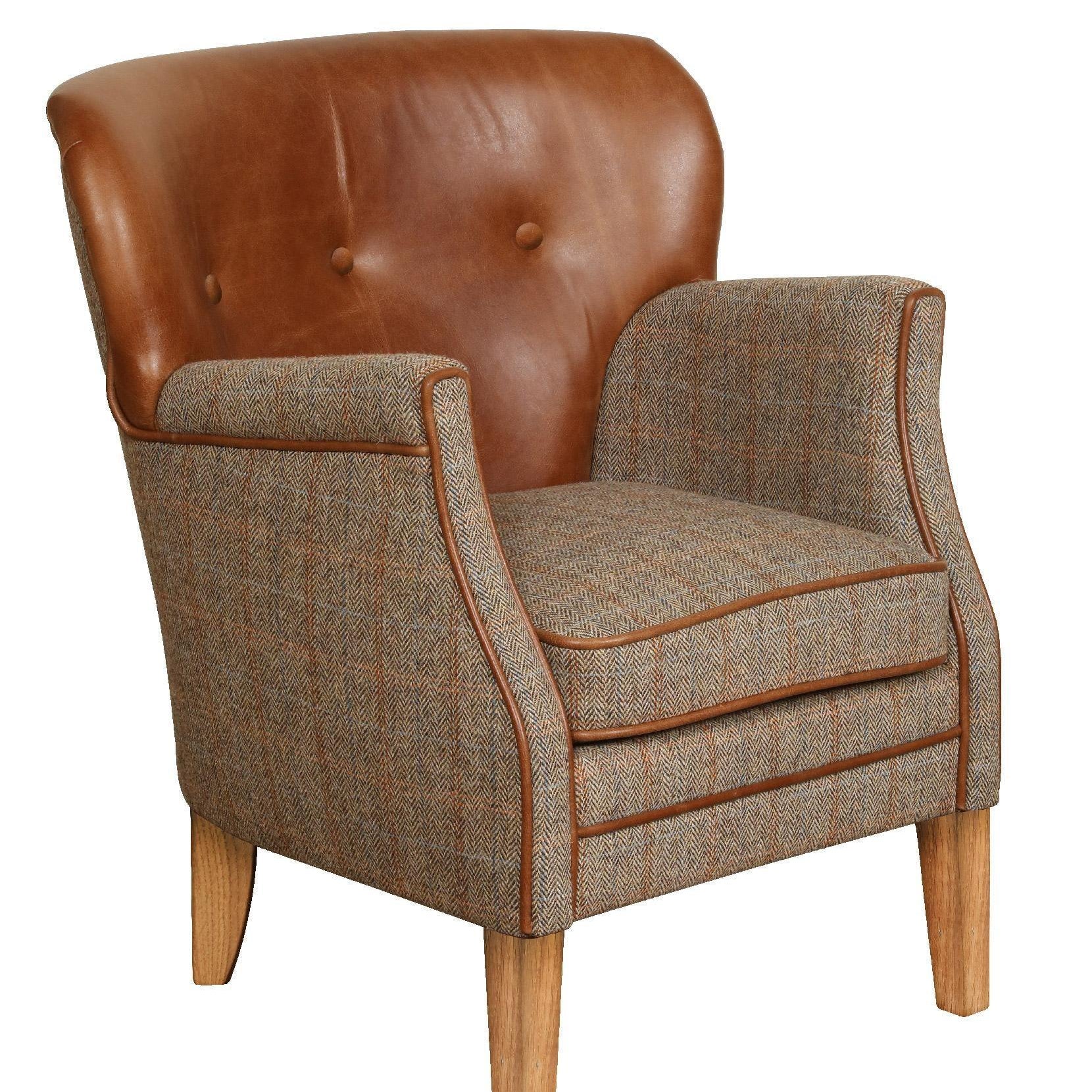 Brown leather and tweed accent armchair with wooden legs, front angle view