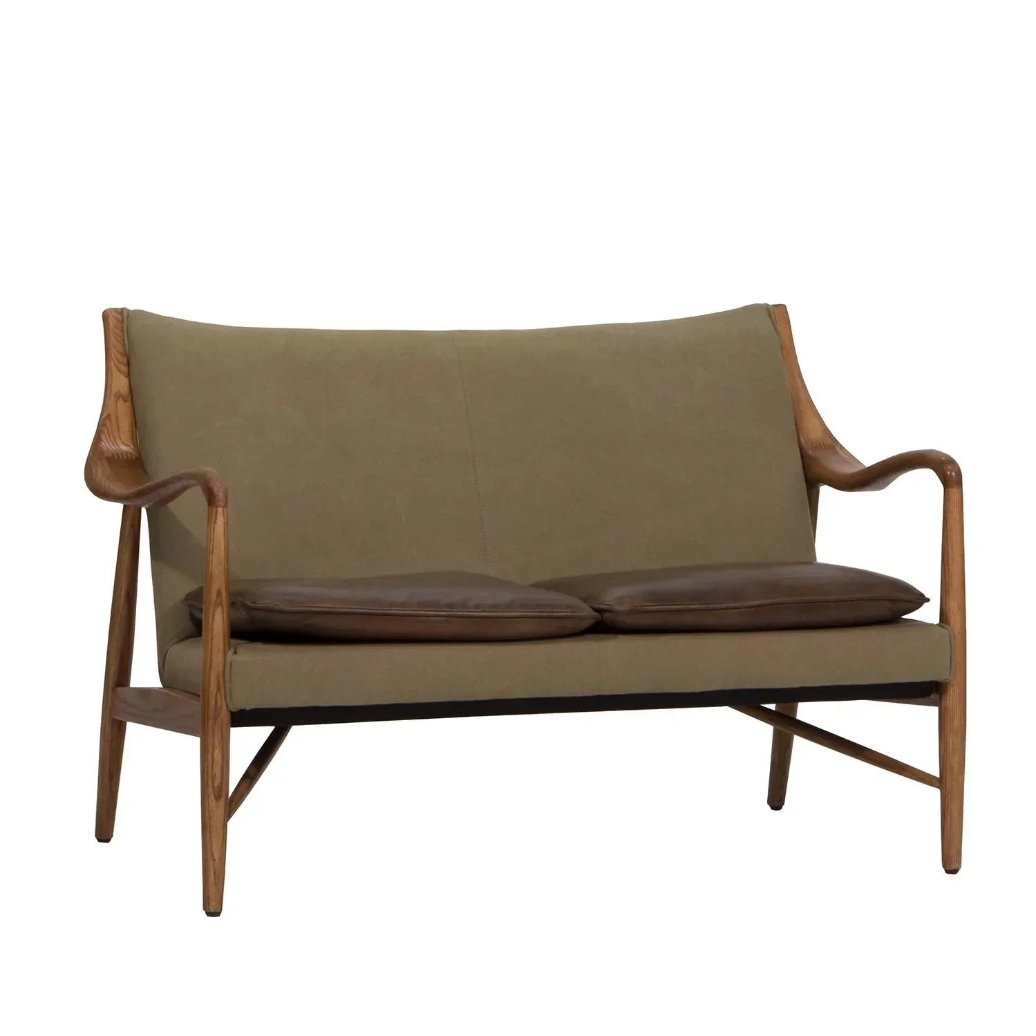 Two seater sofa with olive fabric, wooden frame, and brown leather seat cushions
