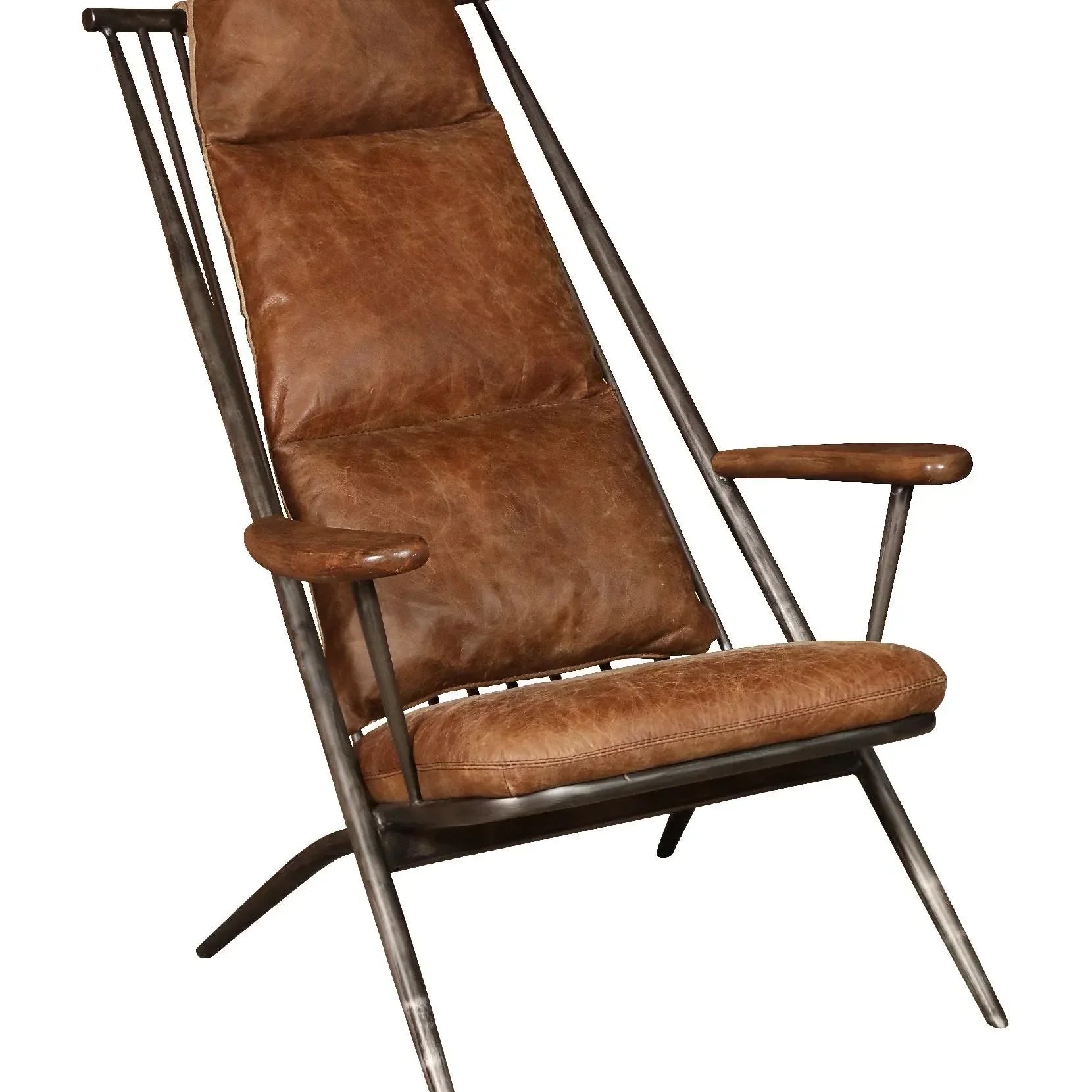 Brown leather armchair with metal frame and angled legs, front side view