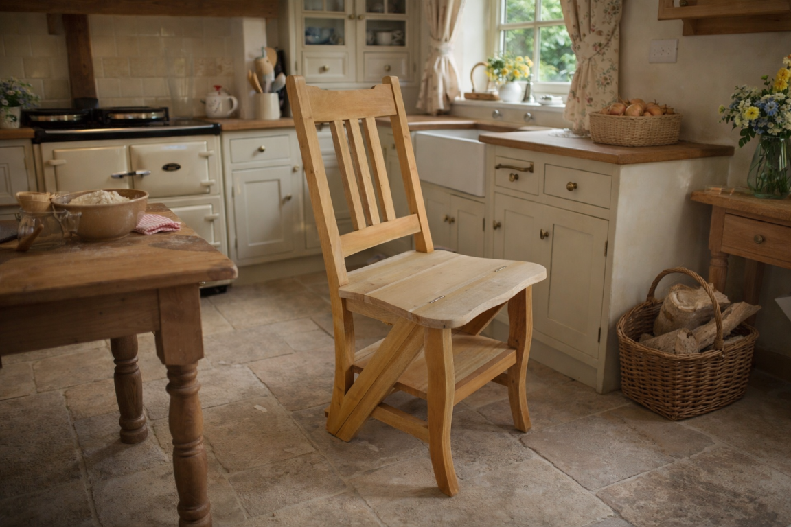 Unfinished light wood chair with step feature, straight backrest, photographed in a rustic kitchen setting from a side angle.