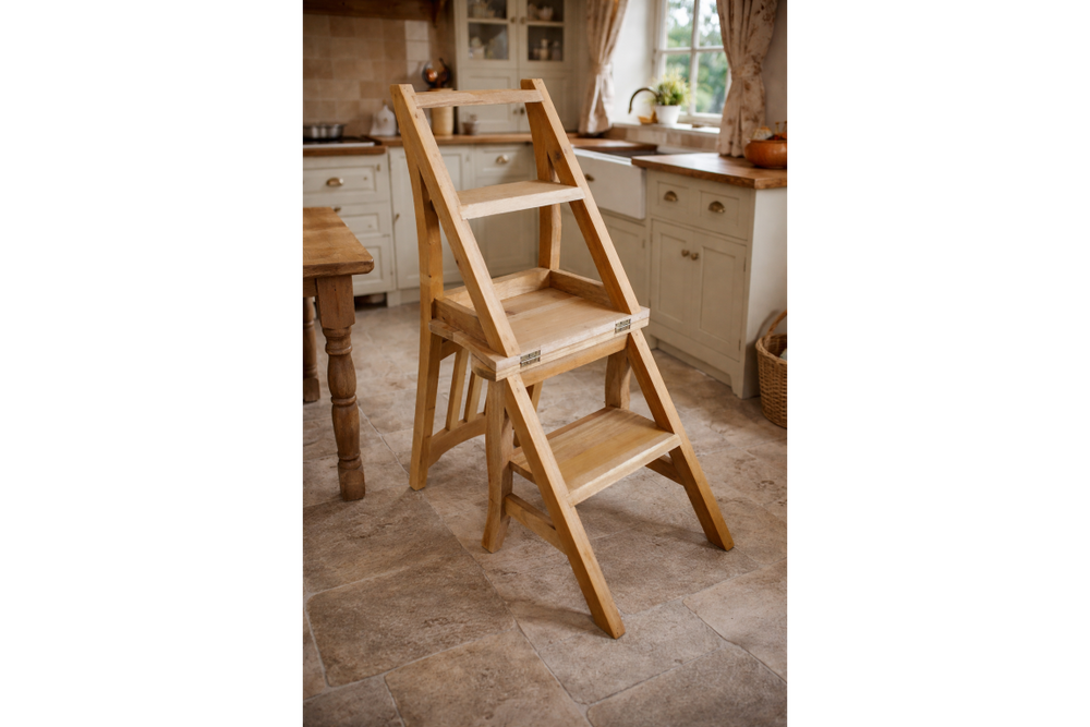 Unfinished wooden chair with built-in step ladder in a cozy kitchen setting, angled view showing steps and seat.