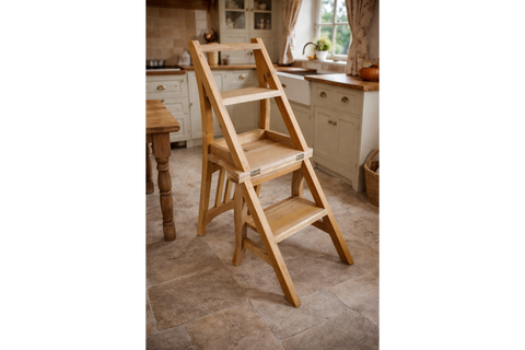 Unfinished wooden chair with built-in step ladder in a cozy kitchen setting, angled view showing steps and seat.