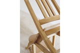 Unfinished wooden chair with slatted back and step stool feature, angled view on light stone floor.