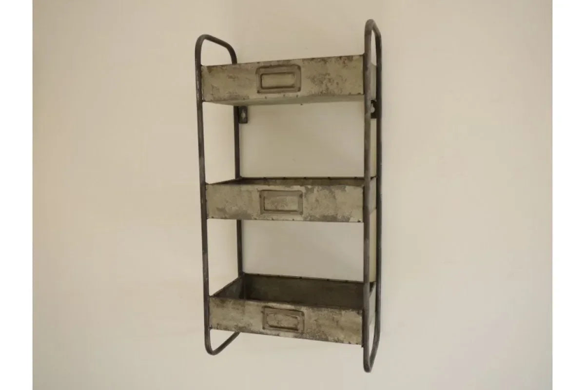 Metal wall shelf unit with three rustic trays against white wall, industrial storage furniture