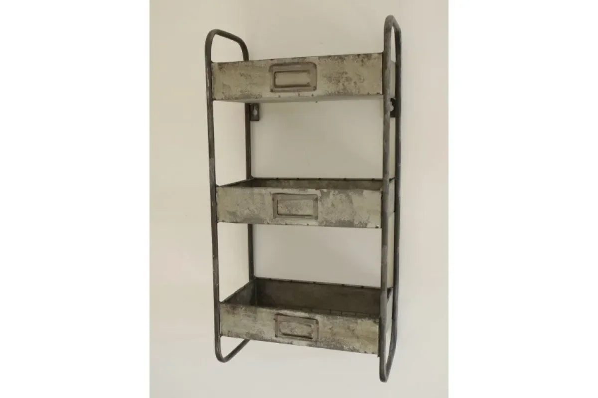Three tier industrial metal wall shelf with label slots, mounted on white wall