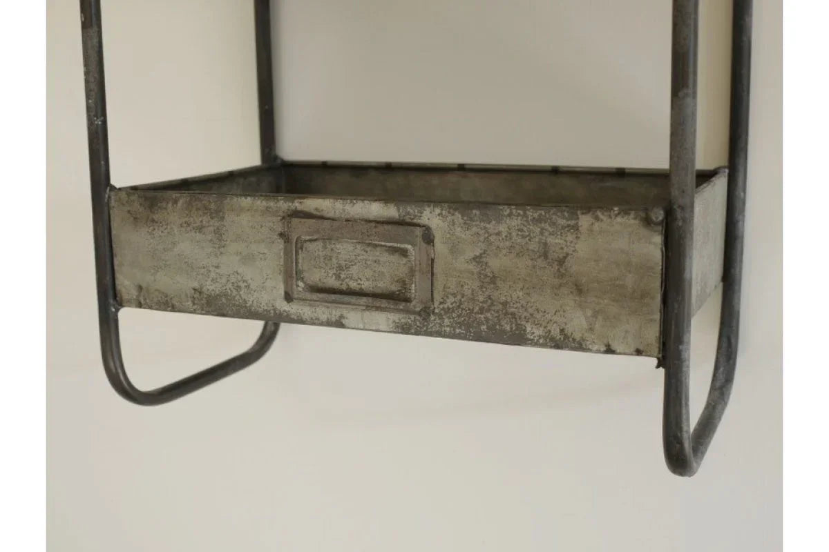 Industrial metal wall shelf with storage drawer and label holder
