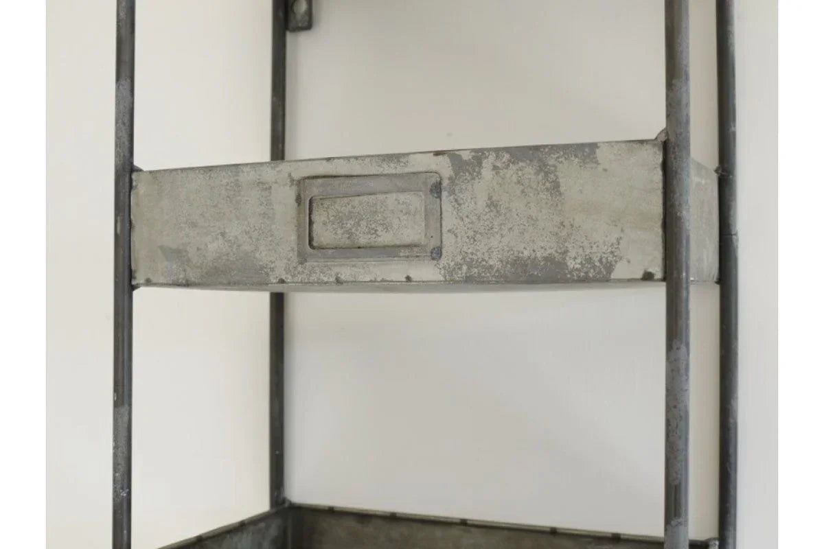 Industrial metal shelving unit with label holder and distressed grey finish