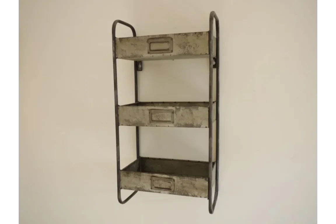 Industrial metal wall shelf with three trays and label slots, rustic finish
