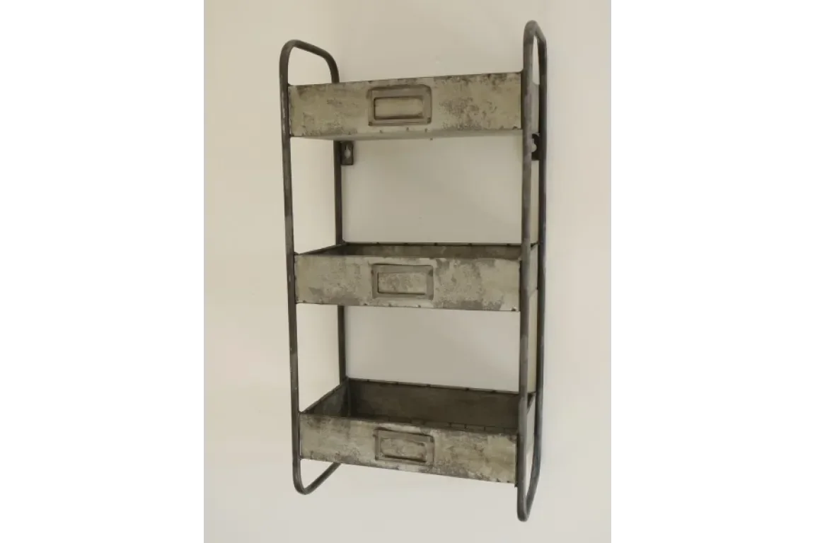 Industrial metal wall shelf with three storage trays and label holders