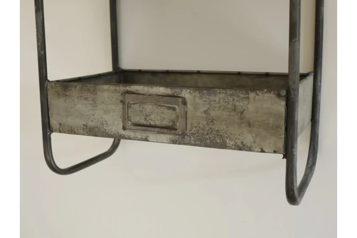 Industrial metal wall shelf with rectangular storage drawer and distressed finish