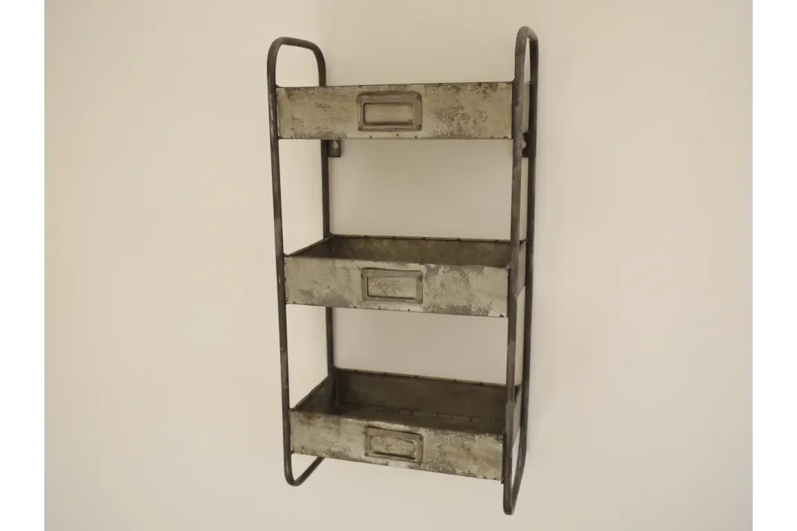 Industrial wall mounted metal shelf with three storage trays and label holders