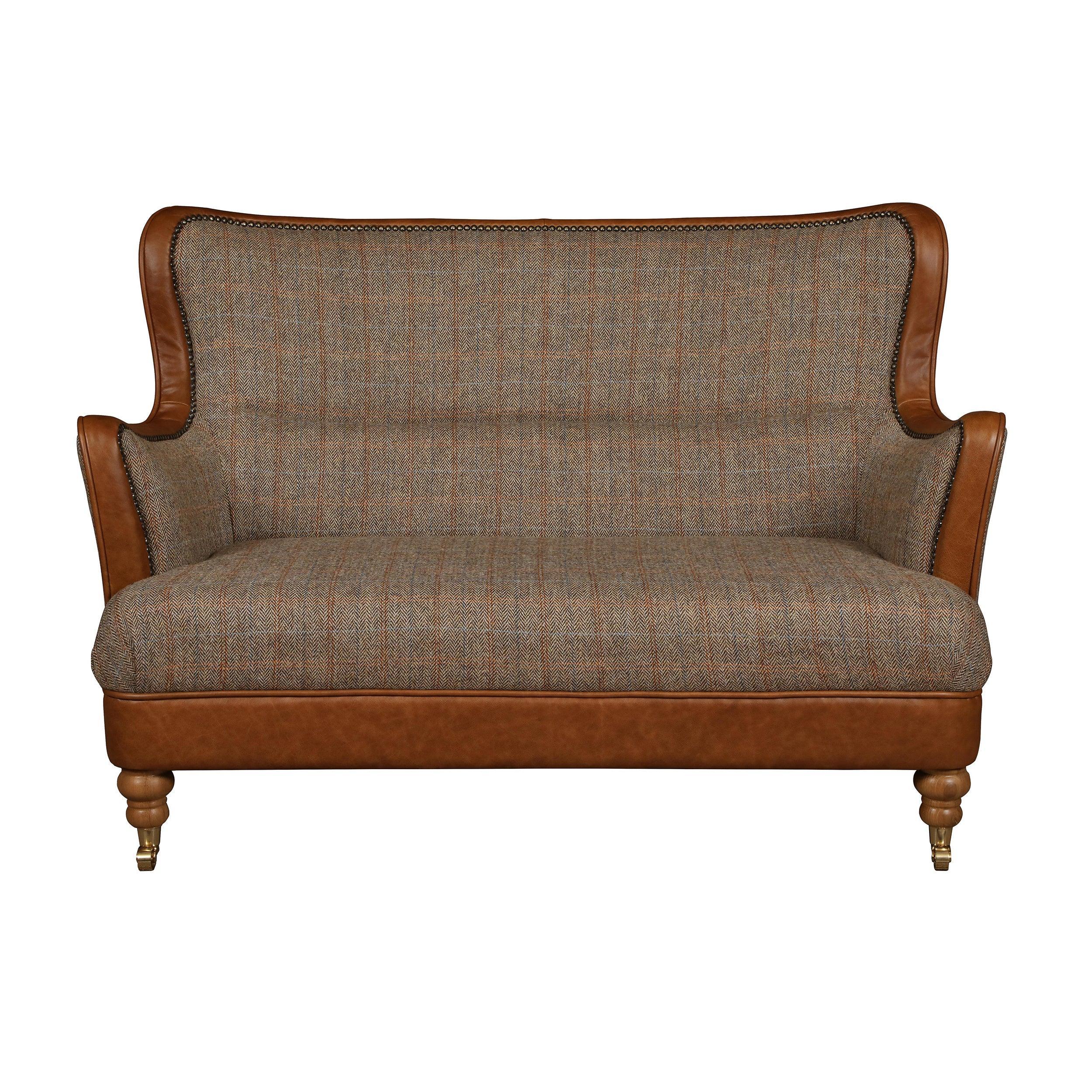 Brown tweed and leather two-seater sofa with high back and wooden legs