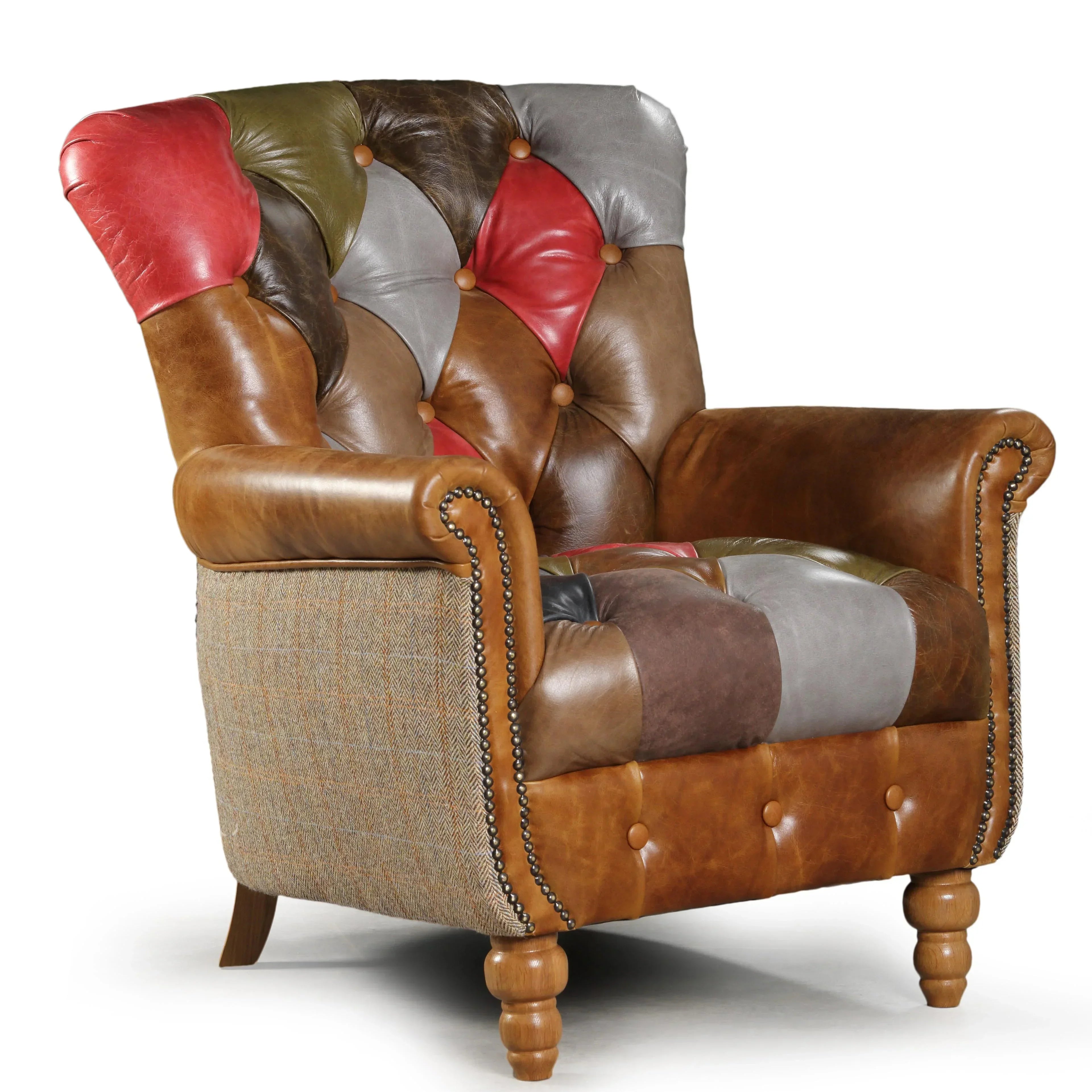 Patchwork leather armchair with button tufting and wooden legs, multicolored upholstery
