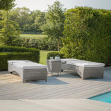 Grey rattan outdoor sun loungers with cushions beside pool on patio with green garden view