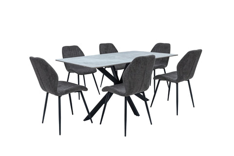A 7-piece dining set featuring a rectangular light gray stone-look table with a black metal X-base, surrounded by six gray upholstered chairs with black legs, shown on a plain white background.