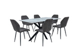 A 7-piece dining set featuring a rectangular light gray stone-look table with a black metal X-base, surrounded by six gray upholstered chairs with black legs, shown on a plain white background.