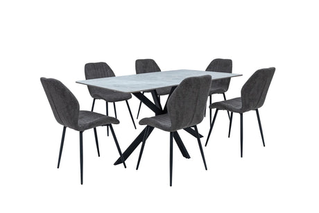 A 7-piece dining set featuring a rectangular light gray stone-look table with a black metal X-base, surrounded by six gray upholstered chairs with black legs, shown on a plain white background.