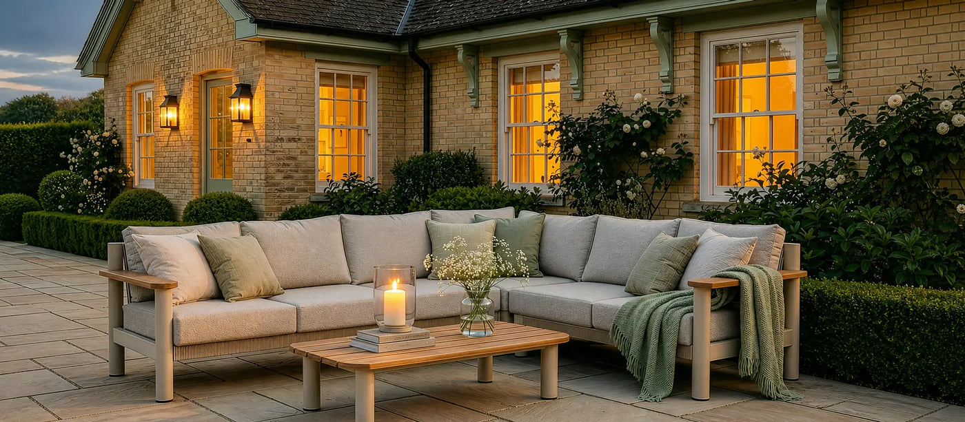Outdoor patio sectional sofa with coffee table outside a country home