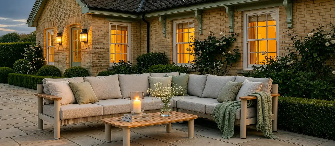 An outdoor sectional sofa set with light beige cushions and a wooden coffee table on a stone patio in front of a brick house at dusk.