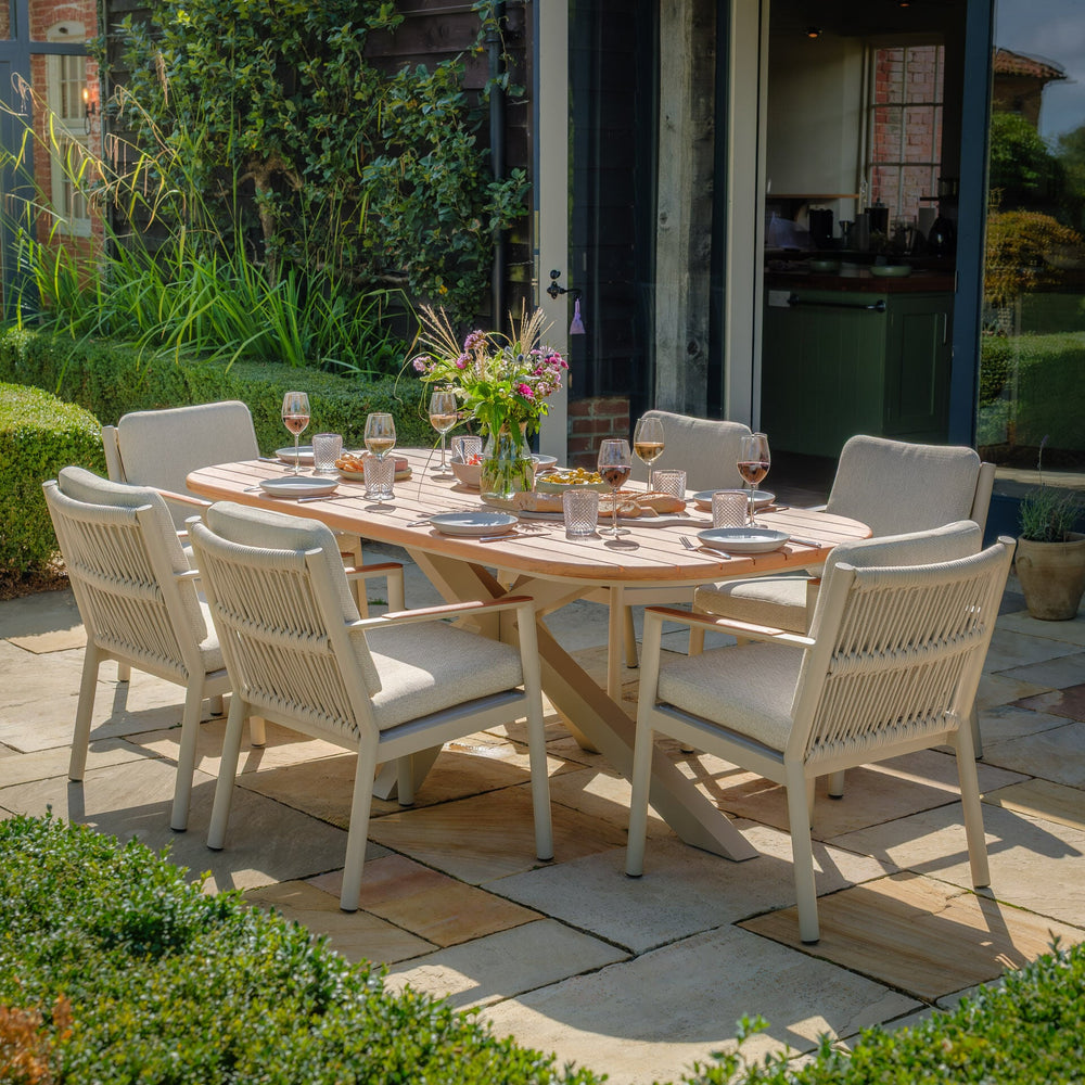 Sicily 6 Seat Rectangular Dining Set and Sicily Dining Chairs with Teak Arms