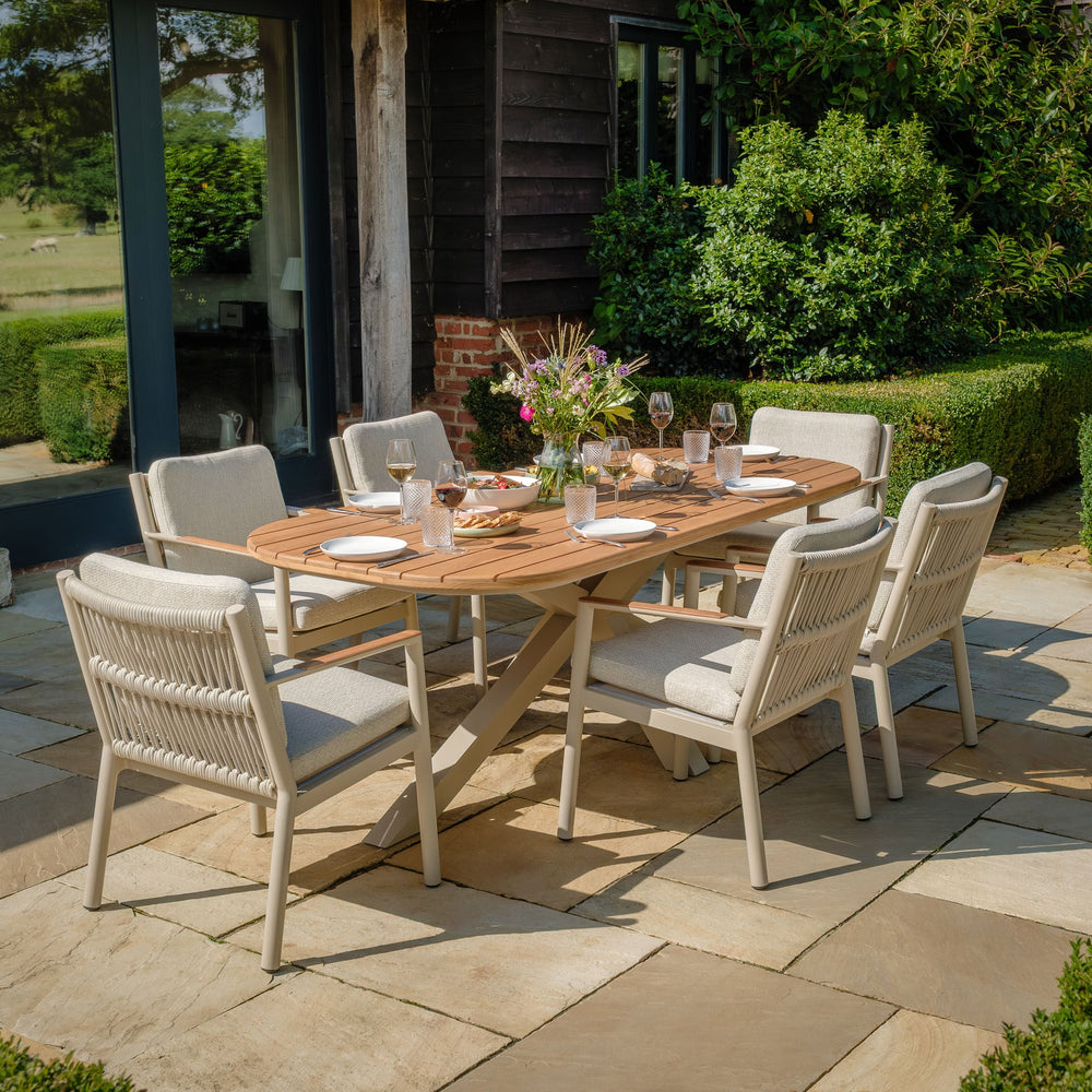 Sicily 6 Seat Rectangular Dining Set and Sicily Dining Chairs with Teak Arms